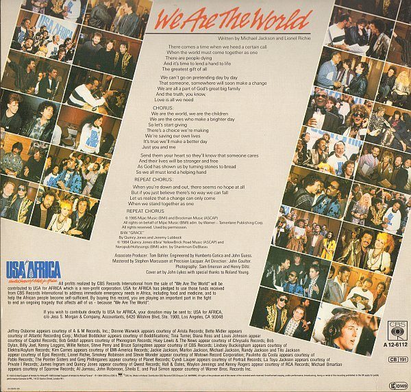 USA For Africa – We Are The World - 12" Maxi Single Brugt (1985) - Billede 2